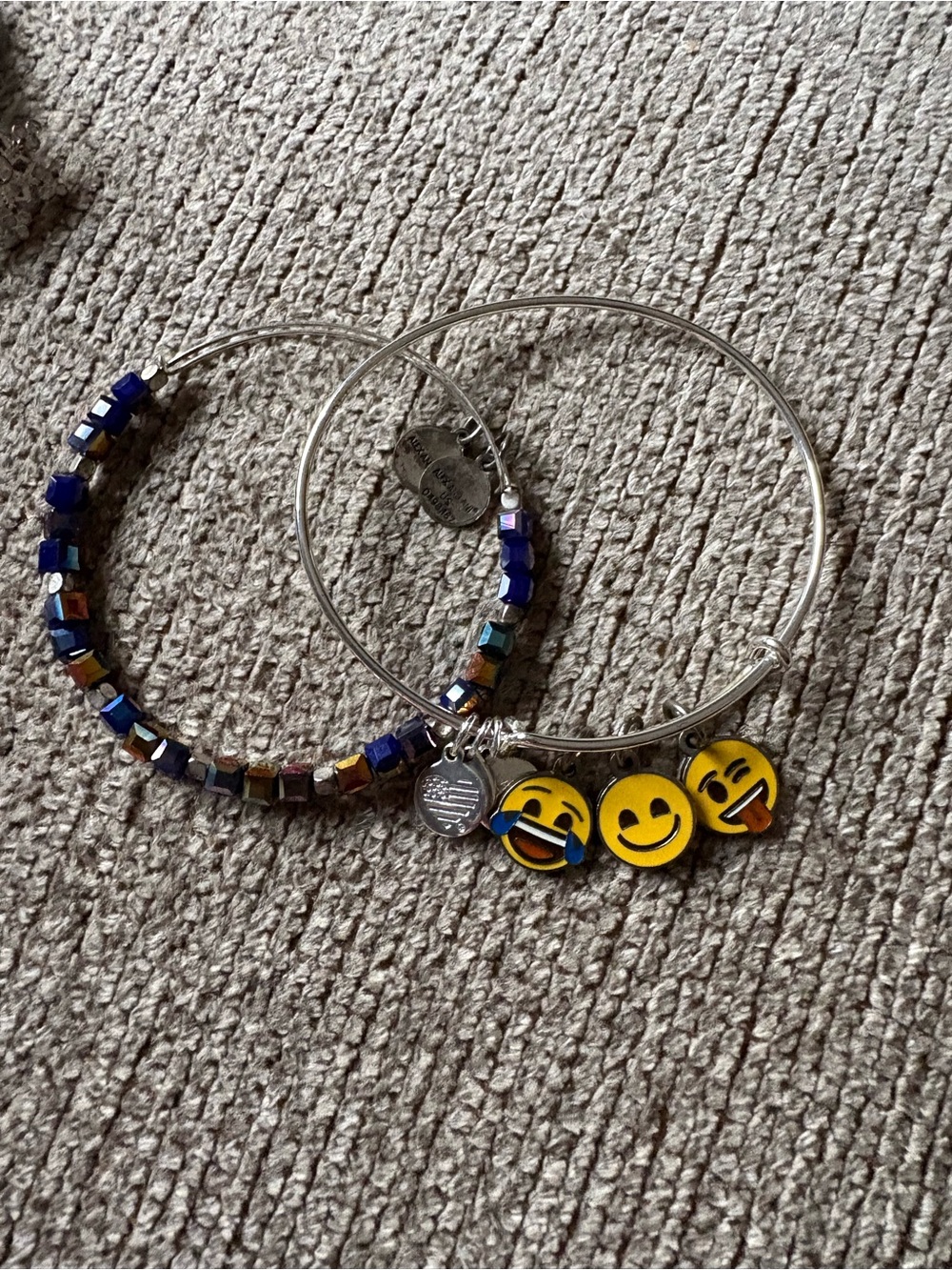 Alex and Ani Silver Tone Bracelet Set with Yellow Emoji Charms and Blue Beads